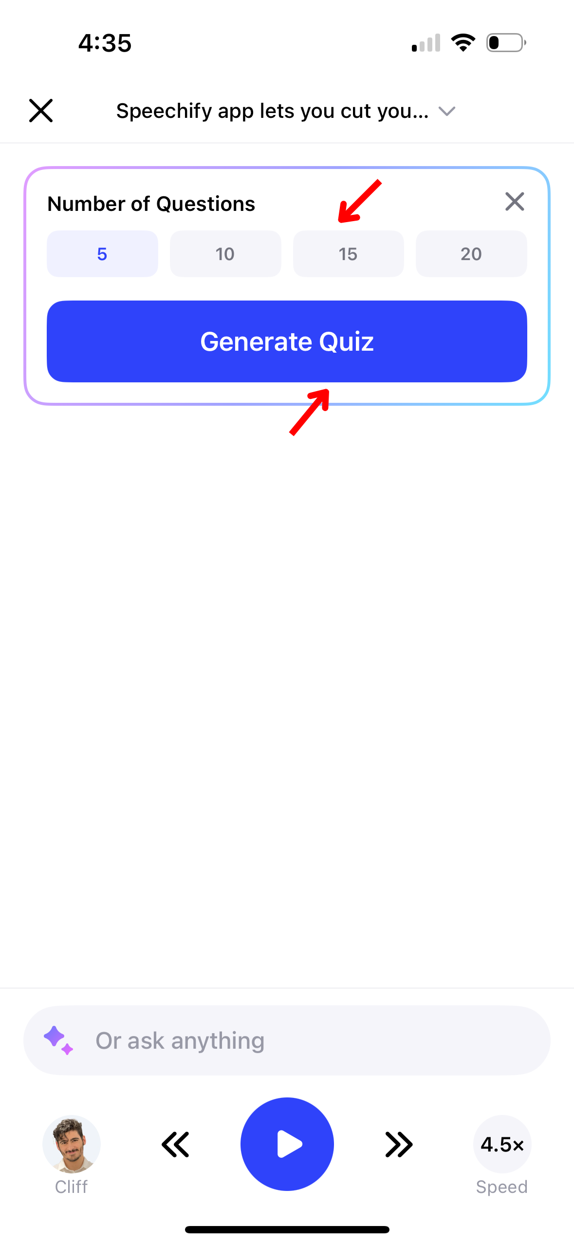 AI Quiz Settings on the Speechify iOS App